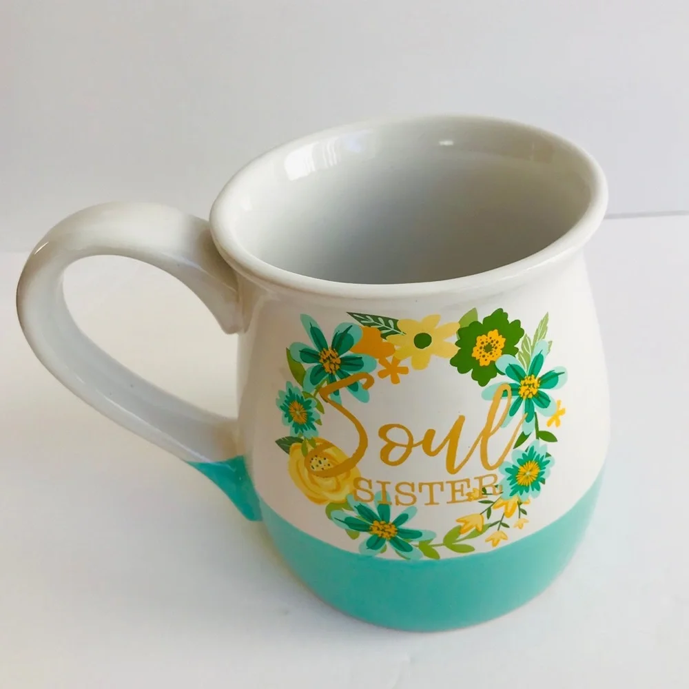 Boston Warehouse Soul Sister Belly Mug Floral Blue Green Cream Flowers Turquoise